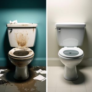 Dirty office toilet contrasted with cleaned office toilet