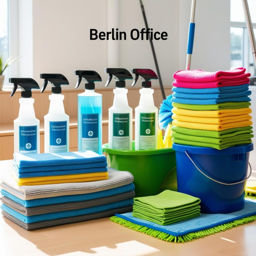 Office cleaning supplies including disinfectants microfiber cloths and cleaning tools ready for use in a Berlin office