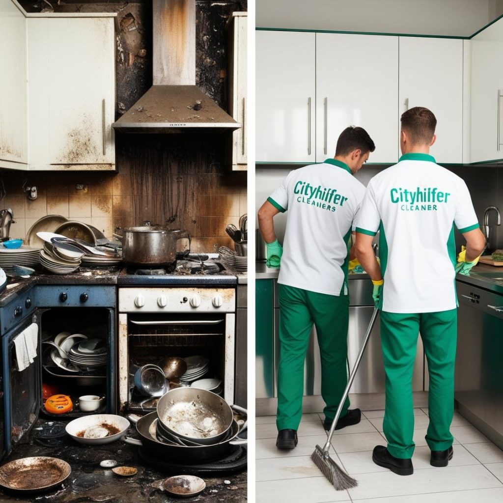 Dirty kitchen and professional cleaners cleaning kitchen in Berlin