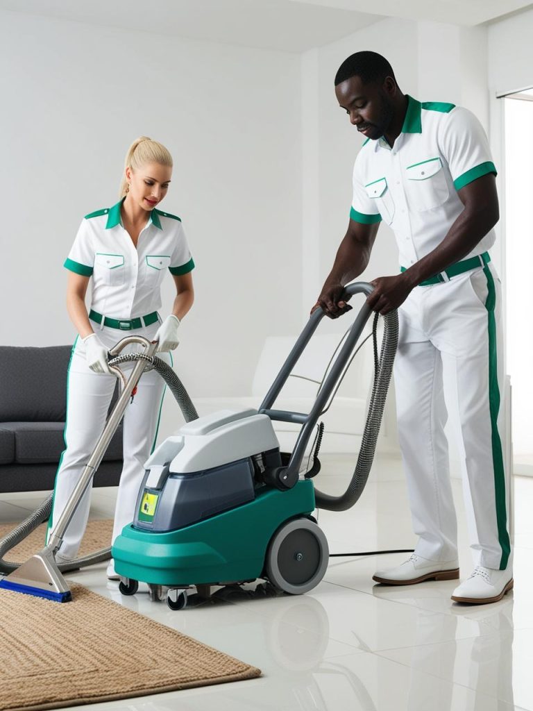 Professional cleaners cleaning carpet and rug with cleaning machine in Germany Berlin