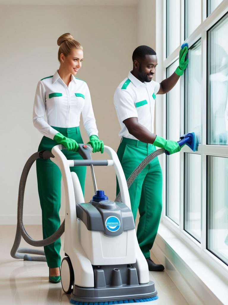 Professional cleaners cleaning windows with cleaning machine in Berlin Germany