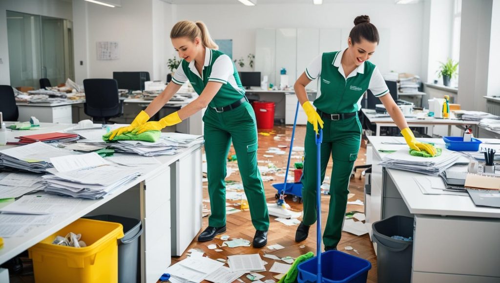 Professional cleaning experts cleaning unorganized office in Germany