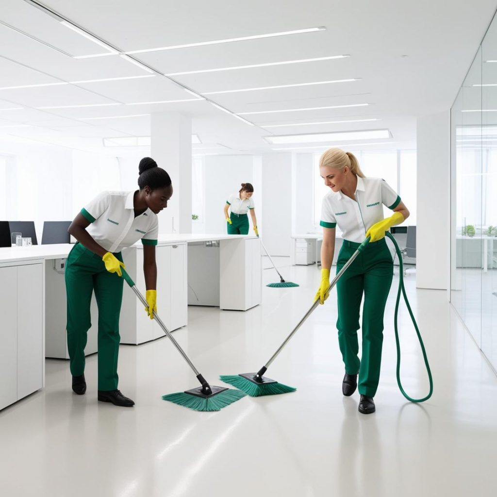 Professional office cleaner cleaning a workspace in Berlin