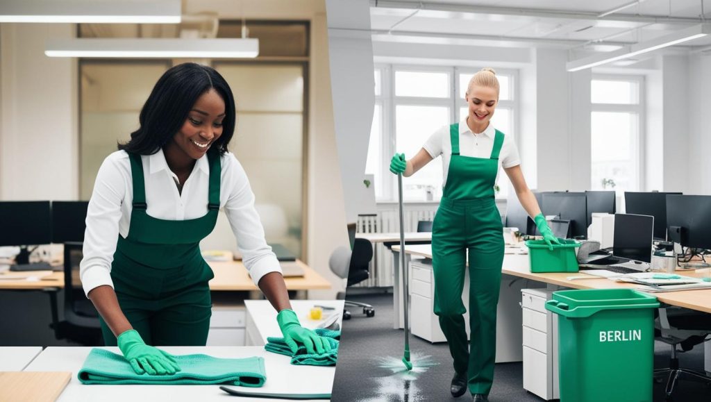 Professional office cleaner cleaning an unorganized workspace in GERMANY