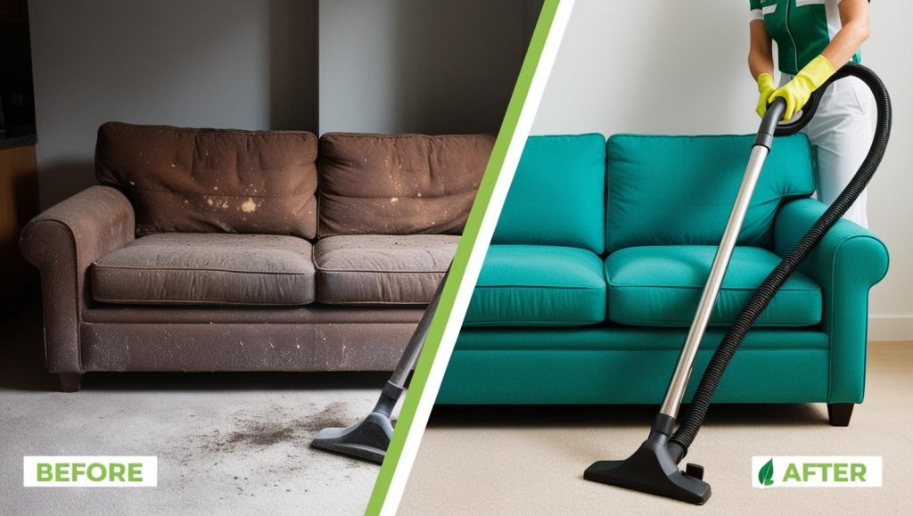 Before and after professional sofa cleaning in Berlin.