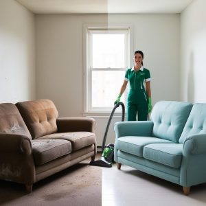 Before and after professional sofa cleaning in Berlin.