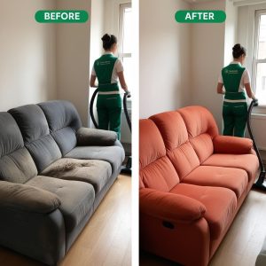 Before and after professional sofa cleaning in Berlin.