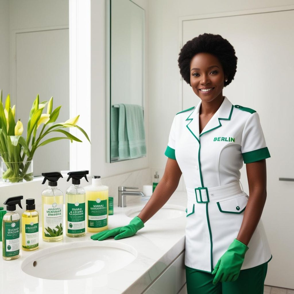 Natural cleaning products on a Berlin bathroom and expert cleaner in Germany