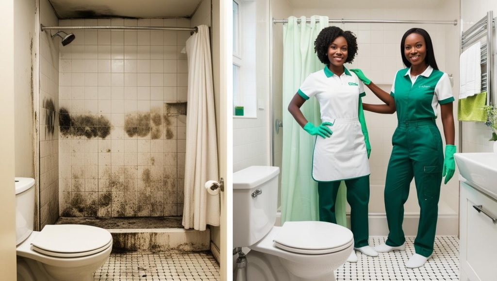 moldy Berlin bathroom vs a sanitized one by a professional cleaner in Berlin