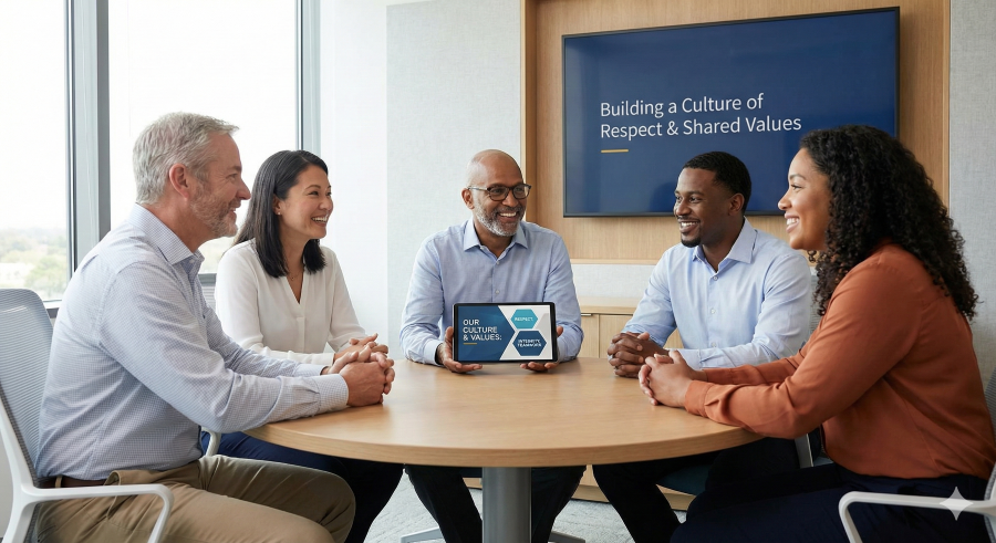 A professional CityHilfer team working together in harmony, illustrating our core values of respect, excellence, and responsible stewardship.