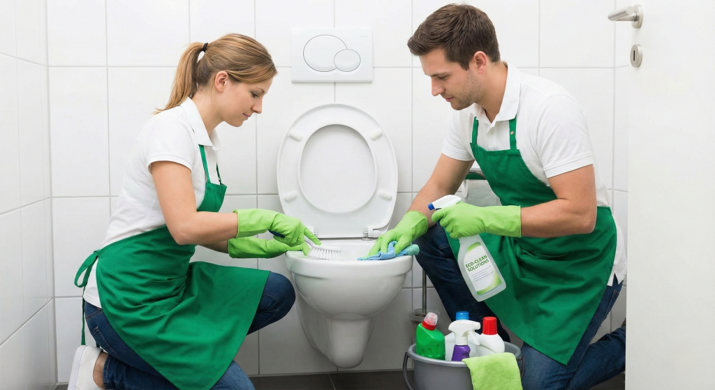 A professional male and female cleaning team from CityHilfer in Berlin wearing green gloves and aprons, thoroughly scrubbing a toilet during a residential bathroom deep clean.