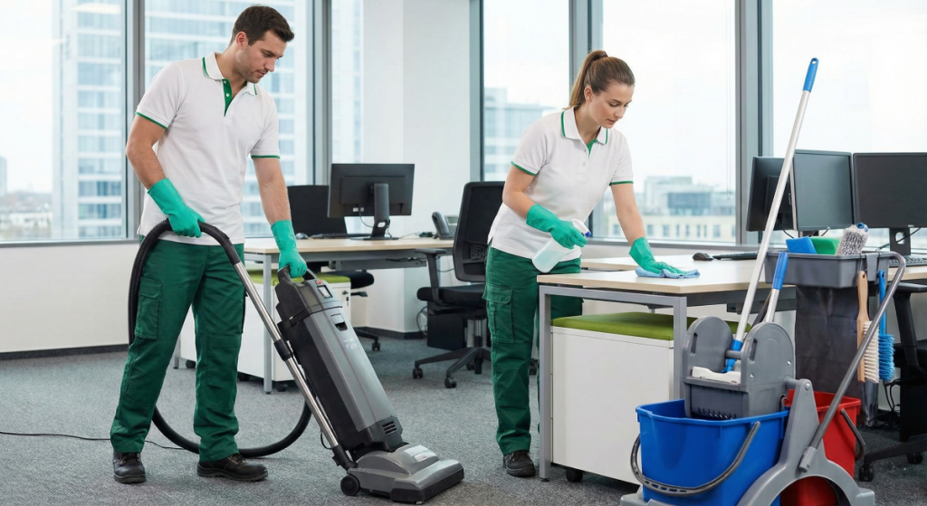 A professional male and female cleaning team from CityHilfer wearing green uniforms, actively vacuuming carpets and sanitizing desks in a modern open-plan office in Berlin.