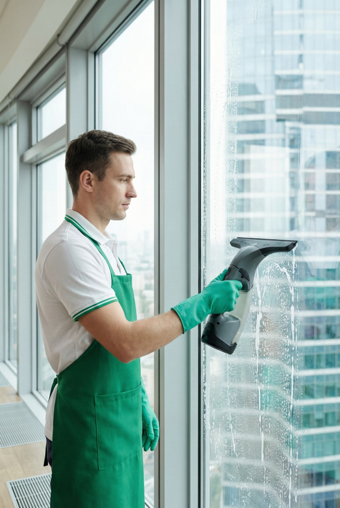 A professional CityHilfer window cleaner in a white and green uniform using a portable machine to streak-free clean a large window in a Berlin office.